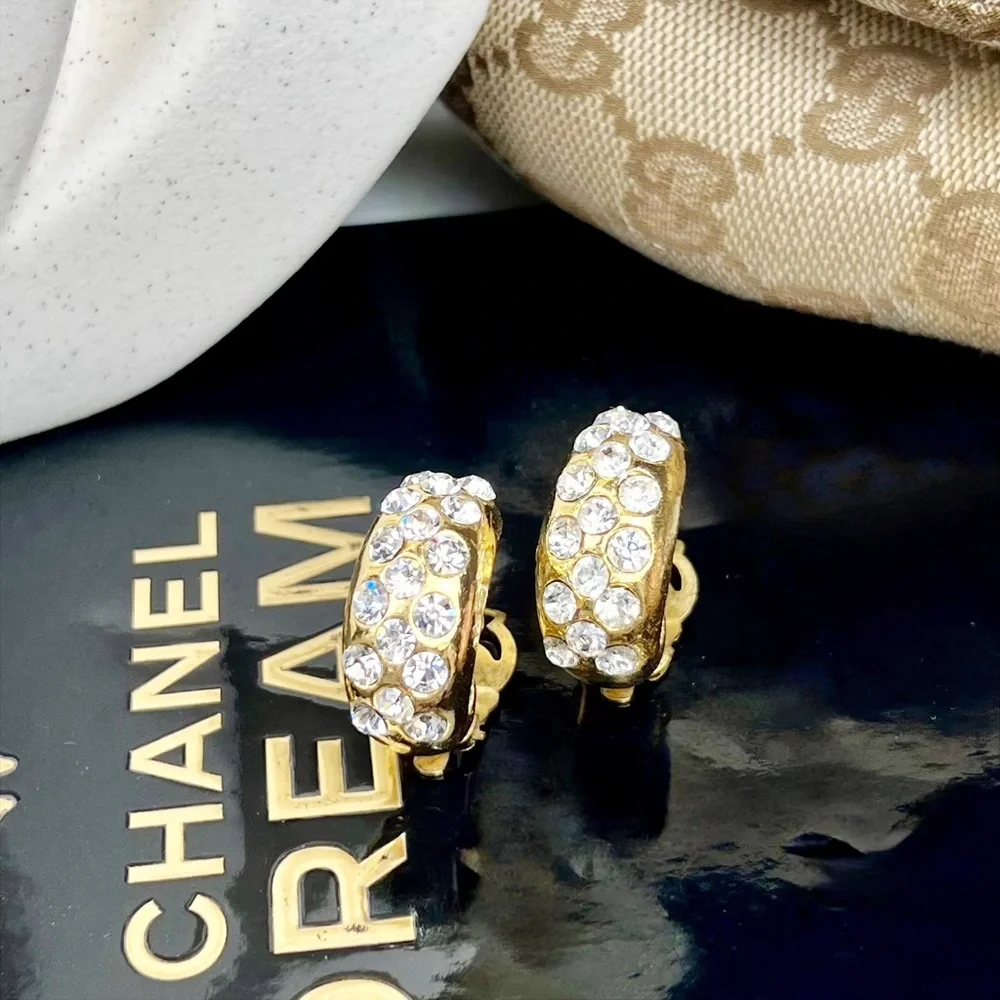 Chanel Vintage Crystal & Gold Plated Half Moon Clip-On Earrings